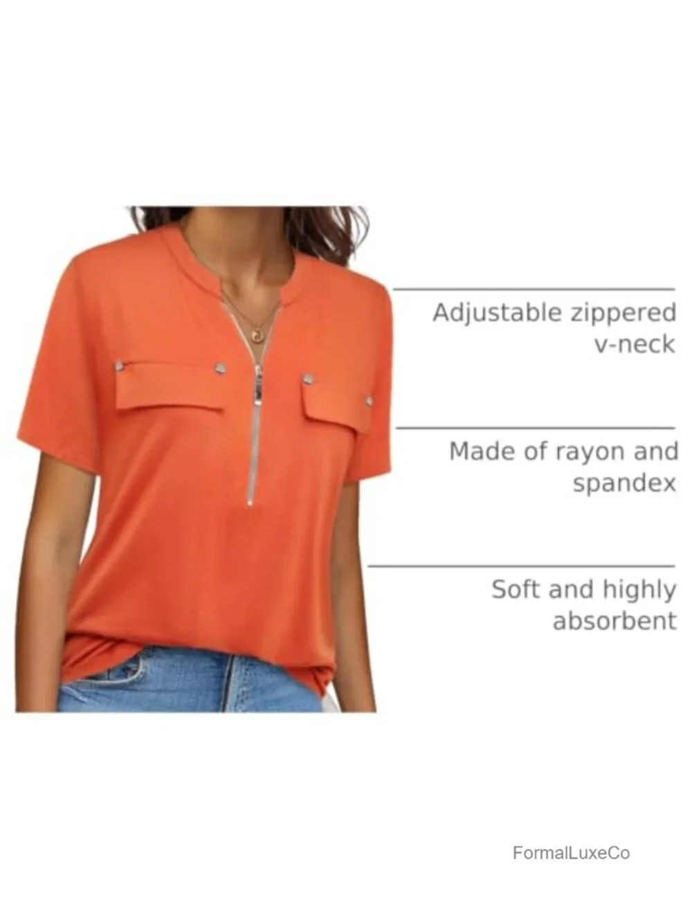 Women's Zip Front V-Neck Short Sleeve Tunic Blouse with Pockets - Stretchable